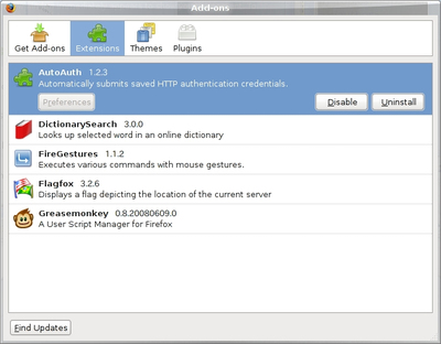 図3　エクステンション例 - AutoAuth，DictionarySearch，FireGestures，Flagfox，Greasemonkey