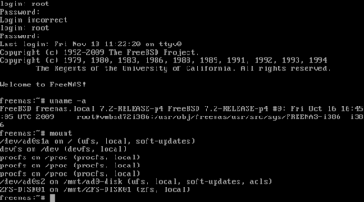 図2　Alt-F2でFreeBSDコンソールからログインも可能。rootアカウントで，パスワードはfreenas