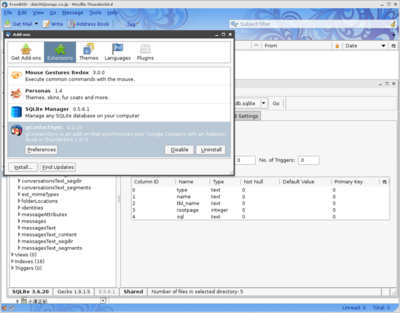図4　Thunderbird3実行例 - テーマ，マウスジェスチャ，データベース管理ツール，Google Contactsとの同期をアドオンで実現