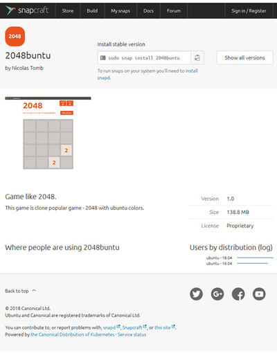 問題となったSnapcraft Storeの「2048buntu」,現在は削除されている 問題となったSnapcraft Storeの「2048buntu」,現在は削除されている