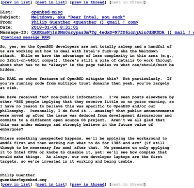 Meltdown, aka ”Dear Intel, you suck”|openbsd-misc Meltdown, aka ”Dear Intel, you suck”|openbsd-misc