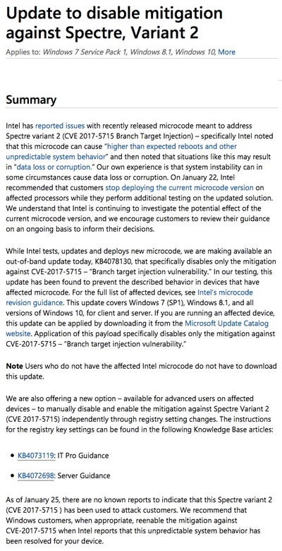 Update to disable mitigation against Spectre, Variant 2|Microsoft Update to disable mitigation against Spectre, Variant 2|Microsoft