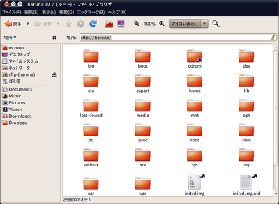 図3　Ctrl+lでテキストボックスを表示して，sftpスキーマでサーバにアクセスしてみた。自動的に~/.gvfs以下にマウントが行われて，アクセスが可能になる