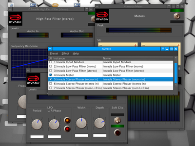 図4 zynjackuはLV2のプラグインエフェクトのホストプログラム。ここではInvada Studioのプラグインスイートをロードしている 図4 zynjackuはLV2のプラグインエフェクトのホストプログラム。ここではInvada Studioのプラグインスイートをロードしている