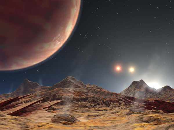 異形の惑星　2005年7月、ハワイのケック望遠鏡によって発見された系外惑星HD188753Abの想像図。このように3重連星系にも惑星が発見されている。そこで見られる光景は私たちの知る光景とはずいぶん違うだろう。（『宇宙は地球であふれている』より。提供：NASA/JPL-Caltech.）