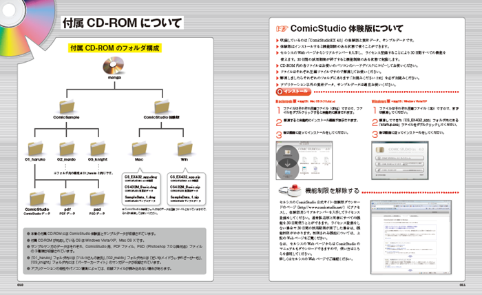 付属CD-ROMにはComicStudioEX 4.0体験版と、本紙に掲載のマンガ3本を収録していますので、紙面を見ながら、マンガデータの実際を確認することができます。