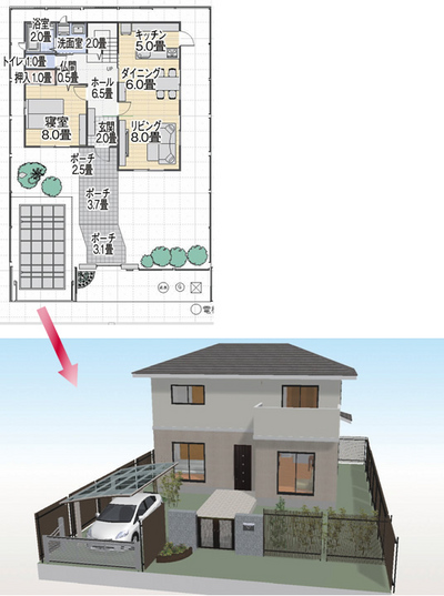 パソコンソフトを利用して2Dで作成した間取りを,3D表示して外観と内装をチェックすることができます。 パソコンソフトを利用して2Dで作成した間取りを,3D表示して外観と内装をチェックすることができます。