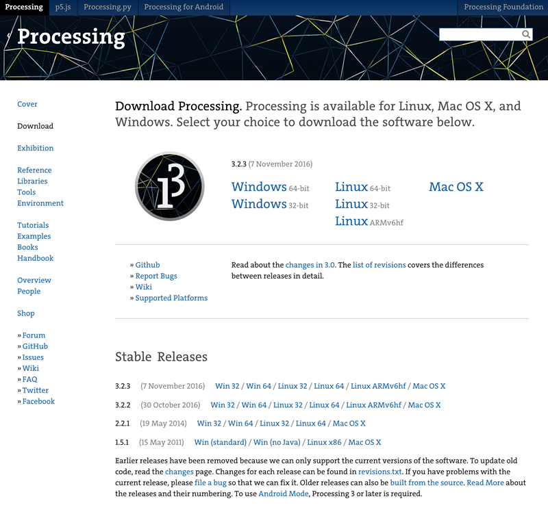 図1　ProcessingのWebサイト。Windows版、Linux版、Mac版がそれぞれダウンロードできる