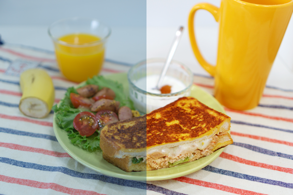 図2　暗い印象の食べ物の写真（左）を、明るく直すこともできます（右）