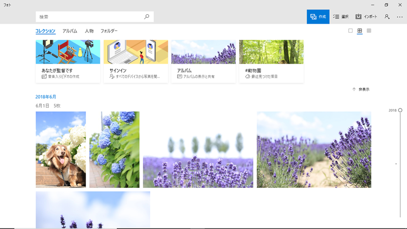 「フォト」アプリでは、写真が日付別に整理されて表示される