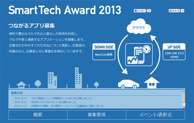 SmartTech Award 2013のWebサイト。募集要項などが掲載されているほか,CAN連携アプリ開発のための開発キットも提供されている SmartTech Award 2013のWebサイト。募集要項などが掲載されているほか,CAN連携アプリ開発のための開発キットも提供されている