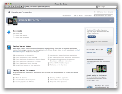 iPhone Dev Center（ログイン前の画面）。アプリ開発に必要なものが揃っているので，ブックマークしておくと便利