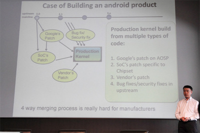 Androidデバイスでは,バックポートされたバグフィクスやセキュリティパッチや,googleから提供されるパッチに加え,端末が採用しているチップベンダーによるパッチ,デバイスを製造したベンダーからのパッチの4種類があり,サポートが複雑化している Androidデバイスでは,バックポートされたバグフィクスやセキュリティパッチや,googleから提供されるパッチに加え,端末が採用しているチップベンダーによるパッチ,デバイスを製造したベンダーからのパッチの4種類があり,サポートが複雑化している