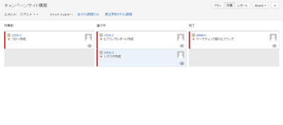 図4 スプリントの進捗を確認できる「作業ボード」。ドラッグ&ドロップでタスクをそれぞれのステータスに動かせる。ステータスの内容はカスタマイズも可能 図4 スプリントの進捗を確認できる「作業ボード」。ドラッグ&ドロップでタスクをそれぞれのステータスに動かせる。ステータスの内容はカスタマイズも可能