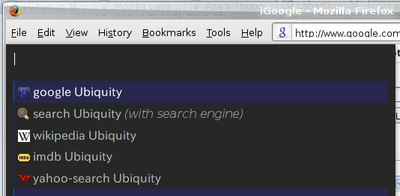 図4　テキスト'Ubiquity'を選択した状態でUbiquityプロンプトを表示した場合