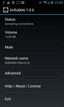 AirBubbleで,AirPlayを使っている様子(画面は,Nexus Sです) AirBubbleで,AirPlayを使っている様子(画面は,Nexus Sです)