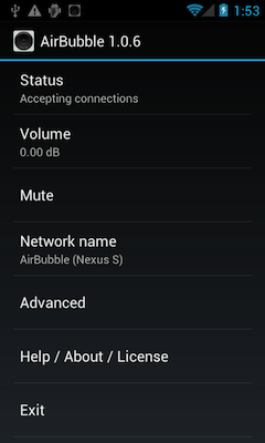 AirBubbleの起動画面(画面はNexus Sです) AirBubbleの起動画面(画面はNexus Sです)