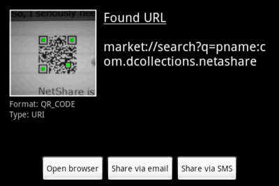 Barcode Scannerで,QRコードを読み取ったところ。Open browserでAndroid Marketにアクセスできる。 Barcode Scannerで,QRコードを読み取ったところ。Open browserでAndroid Marketにアクセスできる。