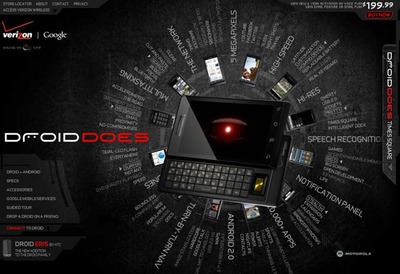 図1 DROIDのWebサイト。その多機能ぶりをアピールするサイトの作りとなっている。 図1 DROIDのWebサイト。その多機能ぶりをアピールするサイトの作りとなっている。