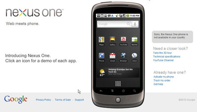 図1 Nexus Oneのホームページ。2010年1月12日時点では,米国,英国,香港,シンガポールのユーザが購入できる。 図1 Nexus Oneのホームページ。2010年1月12日時点では,米国,英国,香港,シンガポールのユーザが購入できる。