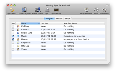 The Missing Syncのメイン画面。8種類の同期が行える。 The Missing Syncのメイン画面。8種類の同期が行える。