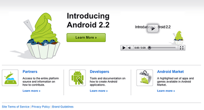 Android.comでは、ビデオでAndroid 2.2の特徴を知ることができる。しかし、緑のFroyoは気持ち悪くて食べられませんね(笑) Android.comでは、ビデオでAndroid 2.2の特徴を知ることができる。しかし、緑のFroyoは気持ち悪くて食べられませんね(笑)