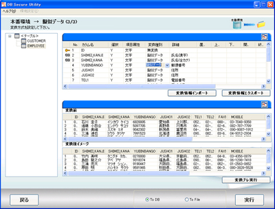 データ変換画面の様子。カスタマイズすることで,DBの各項目についてどのように擬似データを作成するか(擬似データ/マスキング/ランダム/無変換)を設定することができる。 データ変換画面の様子