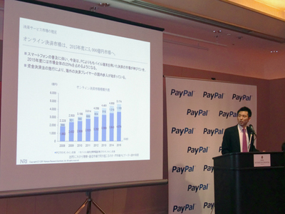 「とくにスマートフォンの市場に注目したい」と述べる株式会社野村総合研究所 コンサルティング事業本部情報・通信コンサルティング部主任コンサルタント 田中大輔氏。さらに,NFC(Near Field Communication)の世界的普及の兆しが見えていることにも触れ,世界標準での携帯電話経由によるネット決済が広がっていくと予測した 「とくにスマートフォンの市場に注目したい」と述べる株式会社野村総合研究所 コンサルティング事業本部情報・通信コンサルティング部主任コンサルタント 田中大輔氏。さらに,NFC(Near Field Communication)の世界的普及の兆しが見えていることにも触れ,世界標準での携帯電話経由によるネット決済が広がっていくと予測した