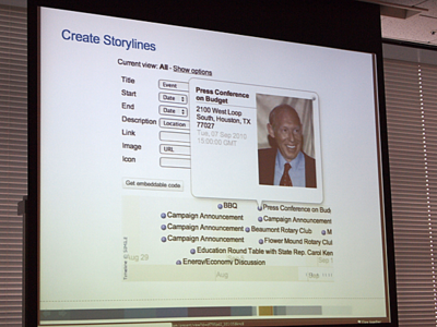 Storyline（筋書き）の地図化。この例では，ある地域の地図に対してニュースを紐付けている。このように，その場所に対しての筋書きを盛り込むこともできる