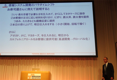 AWSを利用したパラダイムシフトをお寿司屋さんにたとえて説明する藤原氏。部下にこの説明を使ったところ「実際に見てみないとピンとこない」と言われてお寿司をおごる羽目になったそうです AWSを利用したパラダイムシフトをお寿司屋さんにたとえて説明する藤原氏。部下にこの説明を使ったところ「実際に見てみないとピンとこない」と言われてお寿司をおごる羽目になったそうです