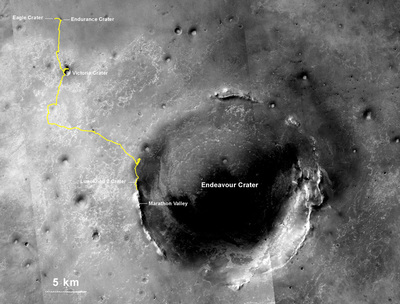 オポチュニティは2004年1月に写真左上のイーグルクレーター(Eagle Crator)にランディングし,10年に渡って黄色のライン通りに25マイルを走行してきた。火星の一昼夜(24時間37分)はソル(sol)と呼ばれるが,オポチュニティは3735ソルかけてこの記録を達成したことになる。現在は1年前に到達したソランダーポイントの南にあるルノホート2で作業中,次は南のマラソンバレーをめざす。 オポチュニティは2004年1月に写真左上のイーグルクレーター(Eagle Crator)にランディングし,10年に渡って黄色のライン通りに25マイルを走行してきた。火星の一昼夜(24時間37分)はソル(sol)と呼ばれるが,オポチュニティは3735ソルかけてこの記録を達成したことになる。現在は1年前に到達したソランダーポイントの南にあるルノホート2で作業中,次は南のマラソンバレーをめざす。
