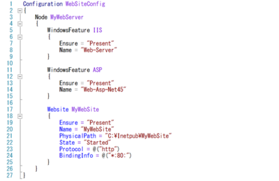 図2 PowerShell DSCでIISの状態をコードとして記述している例 図2 PowerShell DSCでIISの状態をコードとして記述している例