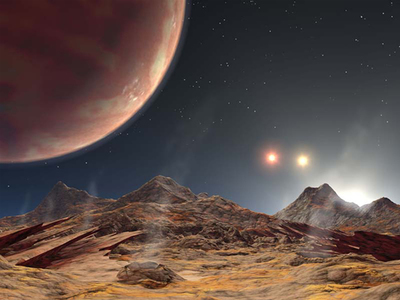 異形の惑星 2005年7月,ハワイのケック望遠鏡によって発見された系外惑星HD188753Abの想像図。このように3重連星系にも惑星が発見されている。そこで見られる光景は私たちの知る光景とはずいぶん違うだろう。(『宇宙は地球であふれている』より。提供:NASA/JPL-Caltech.) 異形の惑星 2005年7月,ハワイのケック望遠鏡によって発見された系外惑星HD188753Abの想像図。このように3重連星系にも惑星が発見されている。そこで見られる光景は私たちの知る光景とはずいぶん違うだろう。(『宇宙は地球であふれている』より。提供:NASA/JPL-Caltech.)