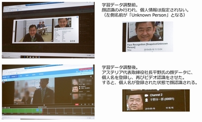 発表会会場となったアステリア本社の入口のカメラと連動したデモンストレーションが行われた。接続するだけで顔を認識し登録され,さらに個別情報を登録することで,その後の画像認識や分析につなげていくことができる。その他,学習用データの登録から,その後の学習へつなげていくことも可能 発表会会場となったアステリア本社の入口のカメラと連動したデモンストレーションが行われた。接続するだけで顔を認識し登録され,さらに個別情報を登録することで,その後の画像認識や分析につなげていくことができる。その他,学習用データの登録から,その後の学習へつなげていくことも可能