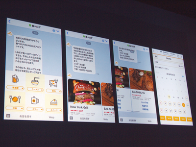 「食べログ」のchatbot事例①。左が最初のメニュー画面。ユーザはここで食べたい料理を選び,ジャンルや予算の幅を決める。すると左から2番目の画面となり,カルーセルタイプのサムネイルが表示される。そして店を選びネット予約ボタンを押すと,一番右の画面が表示される。この画面はWebページとなっている 「食べログ」のchatbot事例①。左が最初のメニュー画面。ユーザはここで食べたい料理を選び,ジャンルや予算の幅を決める。すると左から2番目の画面となり,カルーセルタイプのサムネイルが表示される。そして店を選びネット予約ボタンを押すと,一番右の画面が表示される。この画面はWebページとなっている