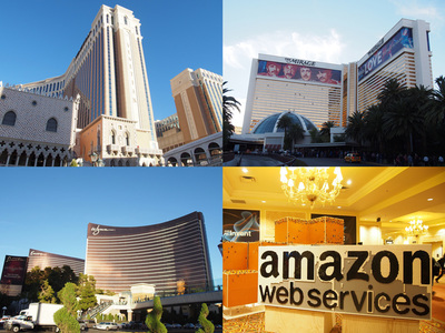 re:Inventのメイン会場となったThe Venetian Hotel & Casino(左上),分野別のテックセッションをまとめた「re:Source Mini Con」が行われるThe Mirage Resort and Casino(右上),ハンズオンなどが行われるEncore At Wynn Las Vegas(左下),右下は会場入り口のにあるLEGOを使って来場者が組み上げていくAmazonロゴ re:Inventのメイン会場となったThe Venetian Hotel & Casino(左上),分野別のテックセッションをまとめた「re:Source Mini Con」が行われるThe Mirage Resort and Casino(右上),ハンズオンなどが行われるEncore At Wynn Las Vegas(左下),右下は会場入り口のにあるLEGOを使って来場者が組み上げていくAmazonロゴ